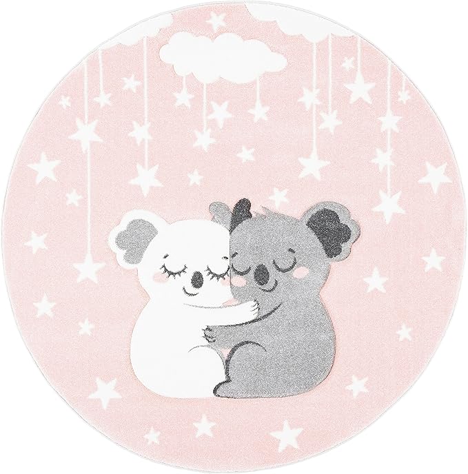 SAFAVIEH Carousel Kids Collection 4' Round Pink/White CRK195U Koala Hug Non-Shedding Nursery Playroom Area Rug