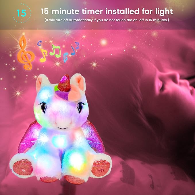 Hopearl LED Musical Stuffed Unicorn Adorable Lighting Up Singing Plush Toy Adjustable Volume Lullaby Animated Soothe Birthday Festival for Kids Toddler Girls, White 11''