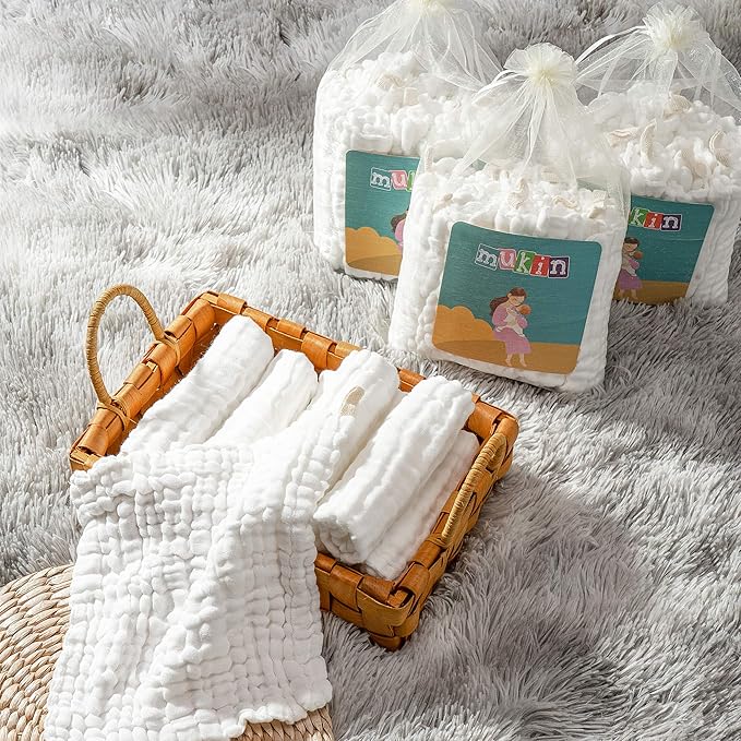 MUKIN Baby Washcloths - Natural Cotton Baby Wipes 10 Pack 12x12 inches