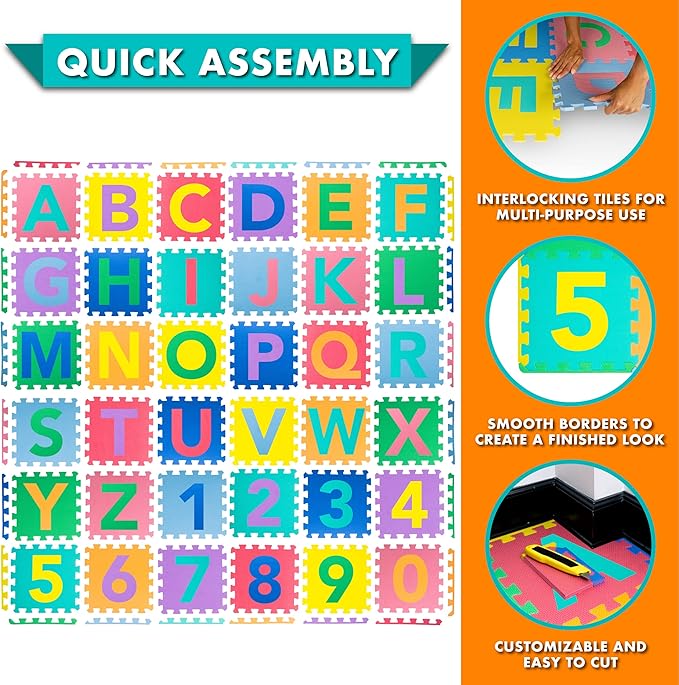 ProSource Kids Puzzle Alphabet, Numbers 36 Tiles 12" by 12",Abc & 123