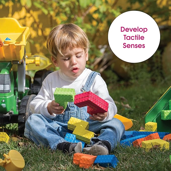 Edushape Sensory Puzzle Blocks - Set of 18 Colorful Textured Interlocking Construction Stacking Blocks 1-3