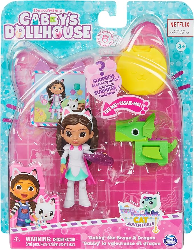 Gabby's Dollhouse, Knight Gabby Toy Figure Set with Surprise Toy and Mini Dragon Pal 3 and