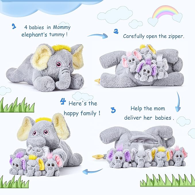 IKASA Mommy Elephant Stuffed Animal Mom and Baby Plush Toy,Cute 18" Soft Small Mama Family Set Toy with Little Mini Babies