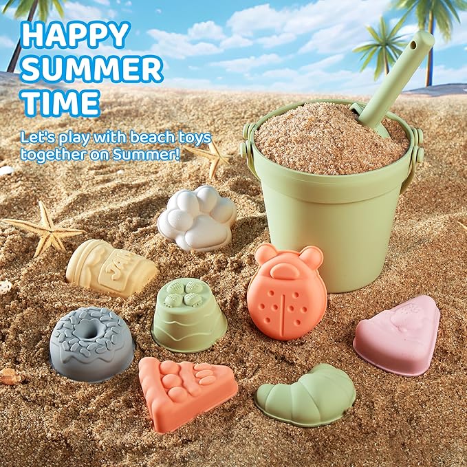 ISSEVE 23Pcs Beach Toys Set for Kids Toddlers Girls, Silicone Sand Toys Include Sand Bucket 12 Sand 3-12 (Tender