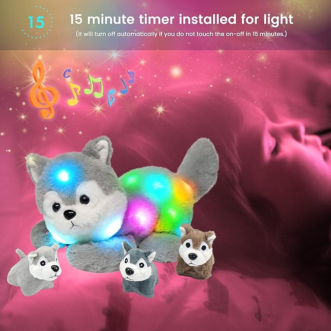 Hopearl LED Musical Stuffed Husky Lighting Up Singing Plush Toy Playset Mommy Dog with 3 Baby Puppies in her Tummy Lullaby Animated Soothe for Mom Toddler Girls, Gray 17''