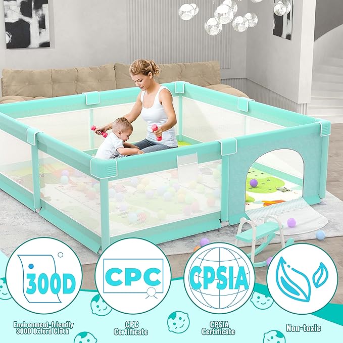 LUTIKIANG 79" x 71" Baby Playpen with Mat, Play Yard for Babies and Toddlers, Indoor/Outdoor Gate, Large Play Pen for Safety, Playtime, and Fun (Green)