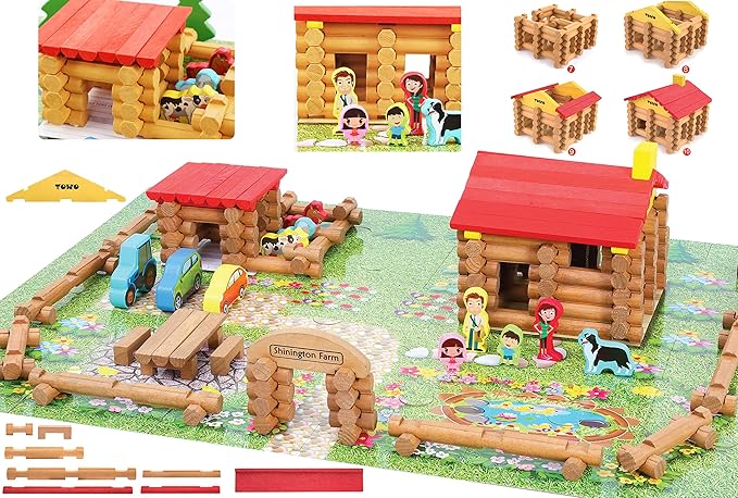 Wooden Logs Toys Farm Playset- Wooden Logs Building Set Farm 207 Pieces 3 4 5 6