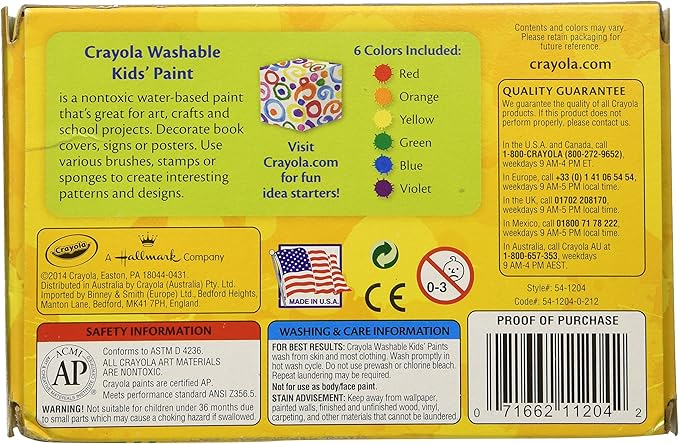 Crayola Kids' Paint Washable, Assorted Colors, 6 Count (Pack of 2)