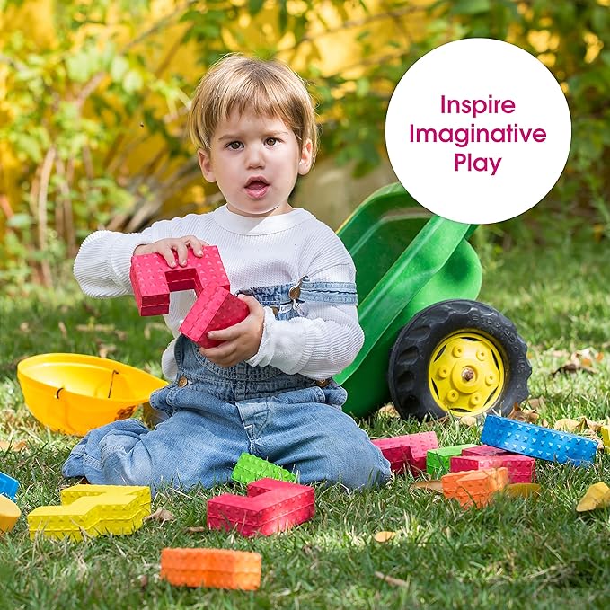 Edushape Sensory Puzzle Blocks - Set of 18 Colorful Textured Interlocking Construction Stacking Blocks 1-3