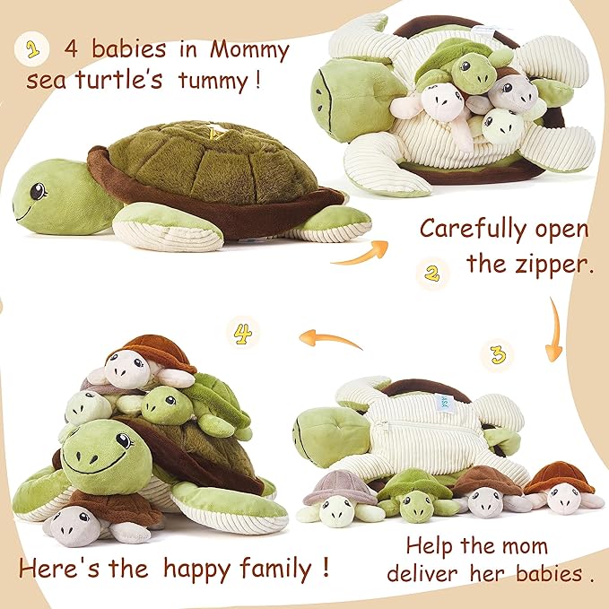 IKASA Mommy Sea Turtle Stuffed Animal Mom and Baby Plush Toy, Cute 15" Soft Small Mama Family Set Toy with Little Babies
