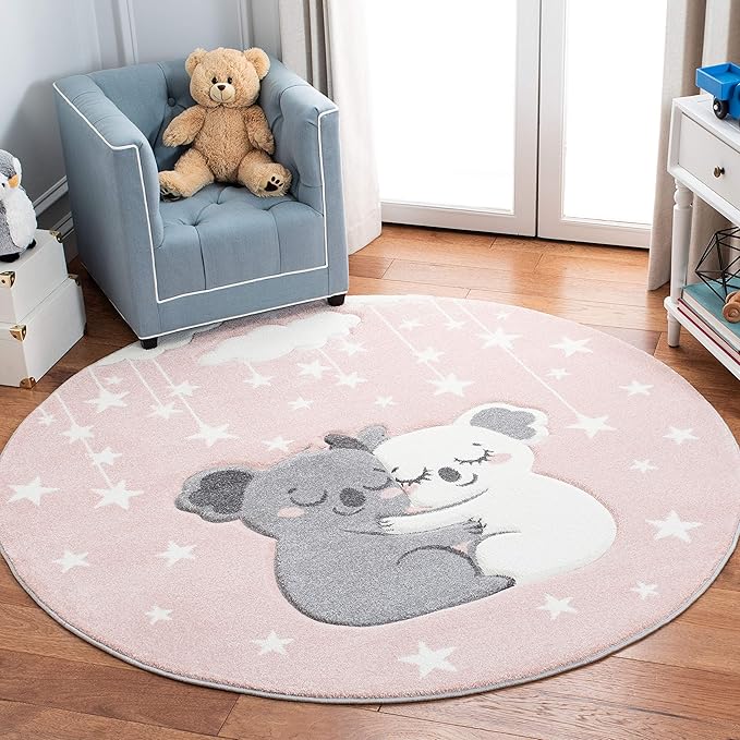 SAFAVIEH Carousel Kids Collection 4' Round Pink/White CRK195U Koala Hug Non-Shedding Nursery Playroom Area Rug