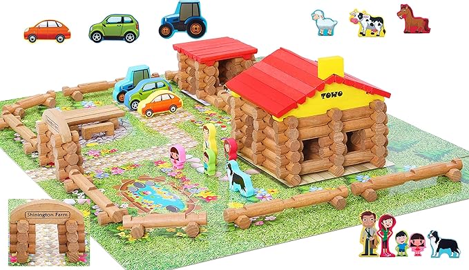 Wooden Logs Toys Farm Playset- Wooden Logs Building Set Farm 207 Pieces 3 4 5 6