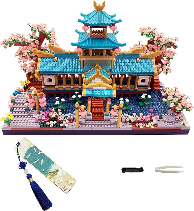 Alizdd Micro Building Blocks Set,Chinese Suzhou Garden Architecture and Cherry Blossom Bonsai Tree Building Toys for Adults,Japanese Sakura House Model,Creative Mini Bricks Gift for Kids 14+,2350 pcs