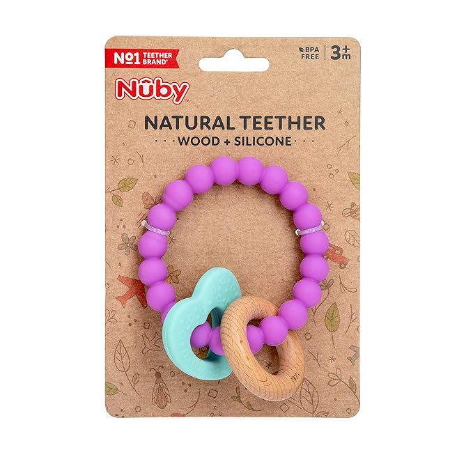 Nuby Natural Wood & Silicone Teether: 3 M+, Heart Bracelet