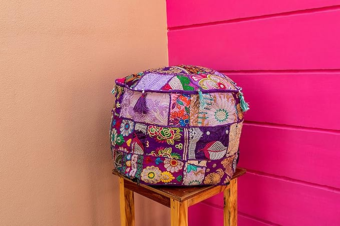 THE ART BOX Cotton Patchwork Vintage Boho Embroidered Bean Bag Seating Pouf Covers Ottoman Kids Stool Decorative Chair Boho Home Décor (14x22 Inches, Cover Only)