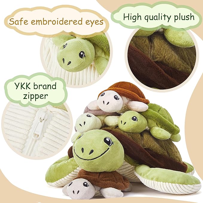 IKASA Mommy Sea Turtle Stuffed Animal Mom and Baby Plush Toy, Cute 15" Soft Small Mama Family Set Toy with Little Babies