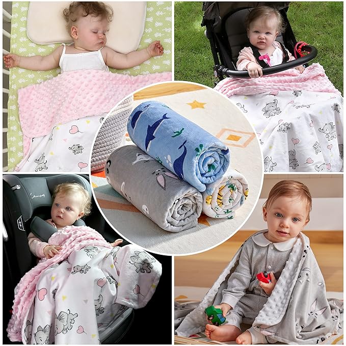 DaysU Silky Micro Soft Plush Baby Blankets Unisex with Print Animal Pattern and Soothing Raised Dots, Double Layer Bed Throws for Baby Crib 30x40 Inches