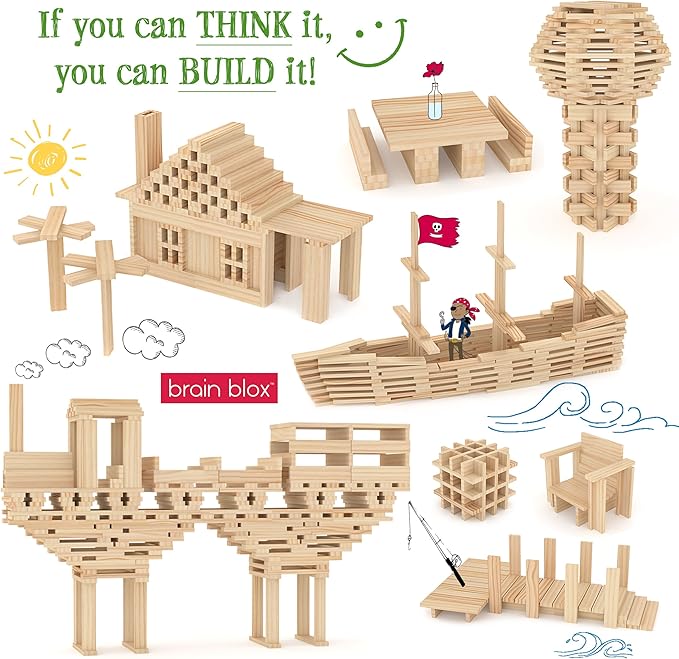Natural Wooden Blocks for Kids Ages 4-8 - Montessori Blocks for Hands-on Learning (300 Building