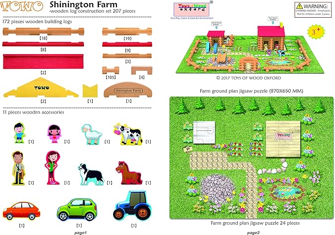 Wooden Logs Toys Farm Playset- Wooden Logs Building Set Farm 207 Pieces 3 4 5 6