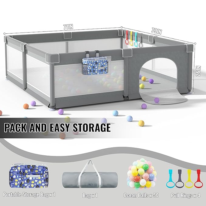 LUTIKIANG Baby Playpen, 79" X 71" Extra Large Playpen for Babies and Toddlers with Gates, Baby Play Yards, Baby Fence Play Area, Safety Indoor Baby Play Area with Ocean Balls (Grey)
