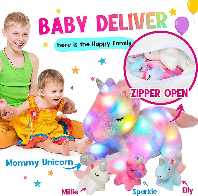 Hopearl LED Musical Stuffed Unicorn Playset Lighting Up Singing Plush Toy Mommy Unicorn with 3 Baby Unicorns in her Tummy Lullaby Animated Soothe for Mom Toddlers Girls, Rainbow 19''