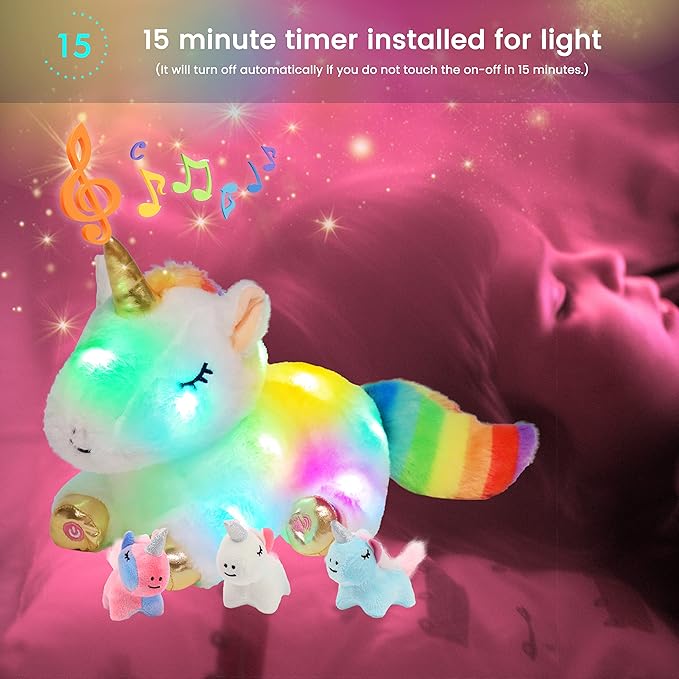 Hopearl LED Musical Stuffed Unicorn Playset Lighting Up Singing Plush Toy Mommy Unicorn with 3 Baby Unicorns in her Tummy Adjustable Volume Lullaby Animated Soothe Gifts for Kids Girls, White 19''
