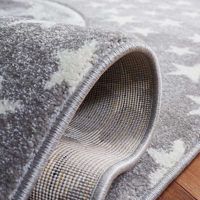 SAFAVIEH Carousel Kids Collection 4' Square Light Grey/White CRK135F Moon and Stars Non-Shedding Nursery Playroom Area Rug