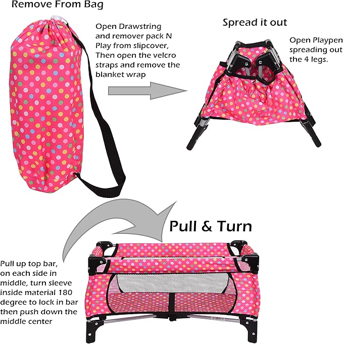 fash n kolor 4 Piece Doll Play Set, includes - 1 Pack N Play. 2 Doll Stroller 3.Doll High Chair. 4.Infant Seat 18'' Doll (4 Piece