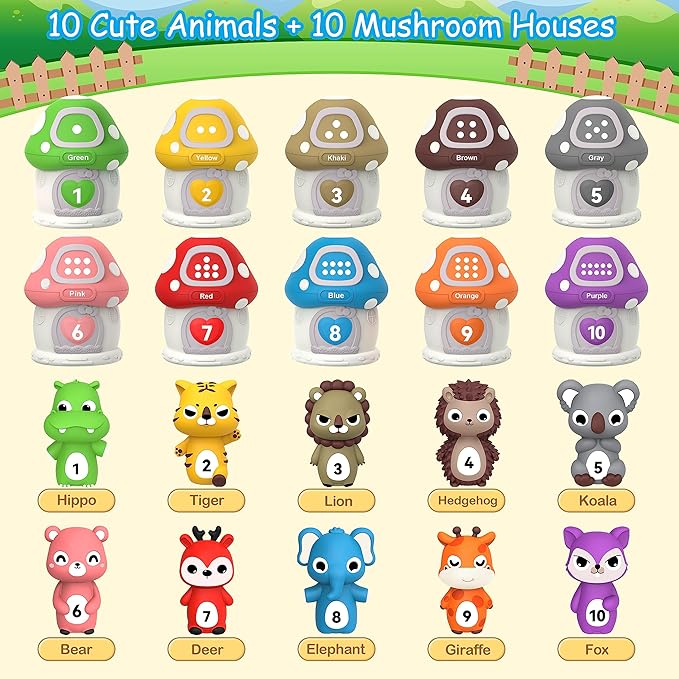 20PCS Farm Animal Toys Toddler Toys Age 1-2 2-4, Montessori Toys for 1 Year Old Finger Puppets Mushroom House Learning Stacking Toys 2