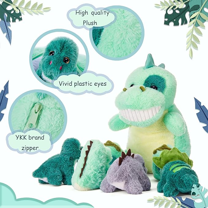 IKASA Mommy Dinosaur Stuffed Animal Mom and Baby Plush Toy,Cute 14" Soft Small Mama Family Set Toy with Little Mini Babies