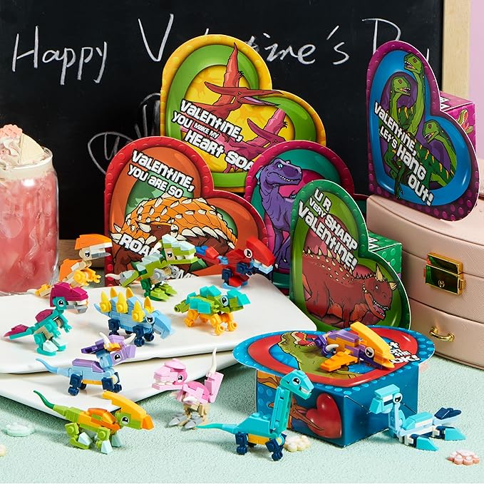 JOYIN 12 Packs Valentines Party Favors Dinosaur Building Blocks Toys with Heart Boxes for Valentine Kids Classroom Exchange, Prize Supplies, Valentine’s Gifts Exchange School Rewards