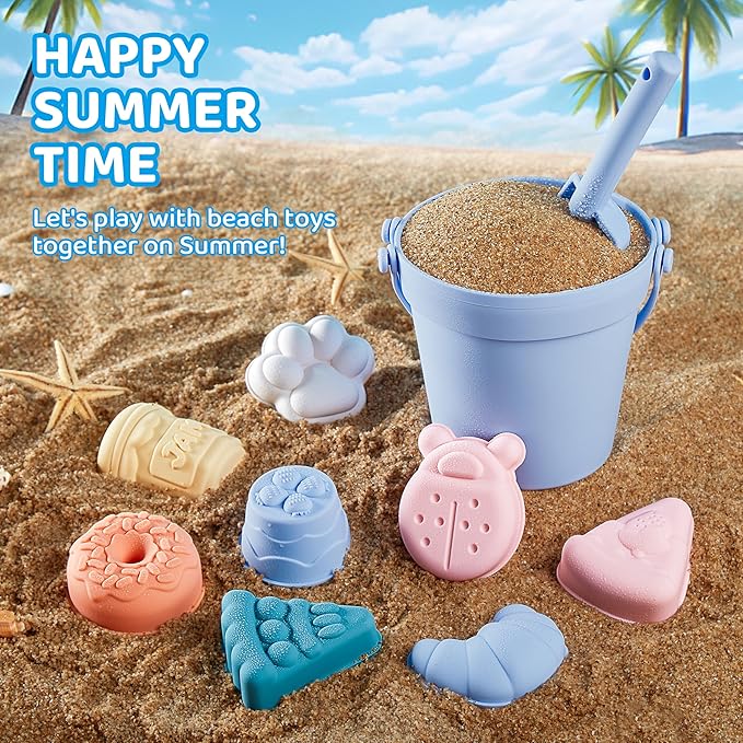 ISSEVE 23Pcs Beach Toys Set for Kids Toddlers Girls, Silicone Sand Toys Include Sand Bucket 12 Sand 3-12 (Blue
