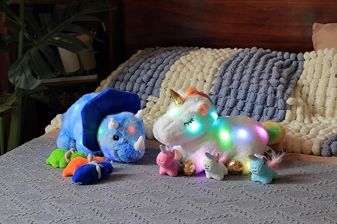 Hopearl LED Musical Stuffed Unicorn Playset Lighting Up Singing Plush Toy Mommy Unicorn with 3 Baby Unicorns in her Tummy Adjustable Volume Lullaby Animated Soothe Gifts for Kids Girls, White 19''