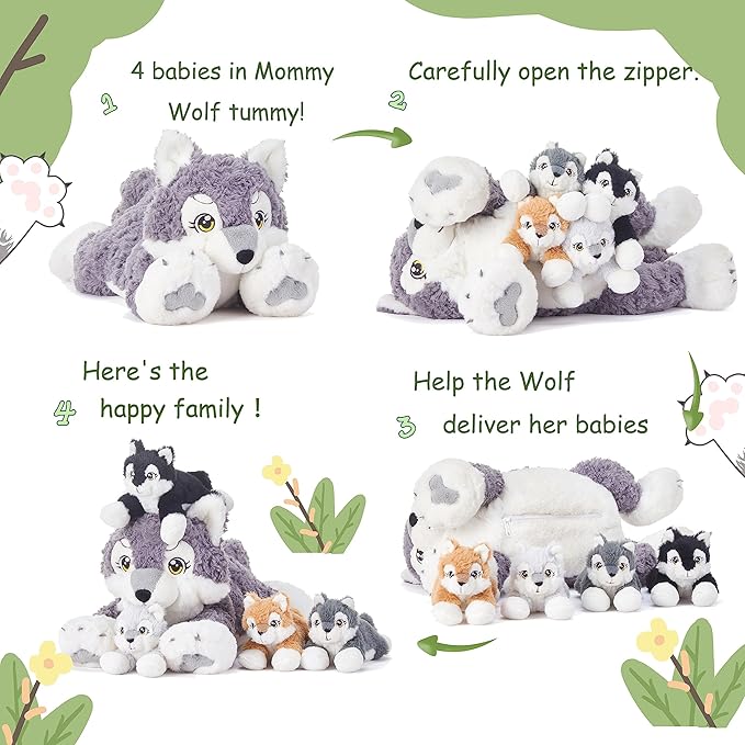 IKASA Mommy Wolf Stuffed Animal Mom and Baby Plush Toy, Cute 18" Soft Small Fluffly Mama Family Set Toy with Little Mini Babies
