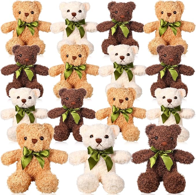 HyDren 15 Pieces Plush Stuffed Bears, 10 Inch Cute Soft Stuffed Bear Toy with Bow Tie for Graduation Baby Shower Christmas Birthday Party Gift Favors (Golden