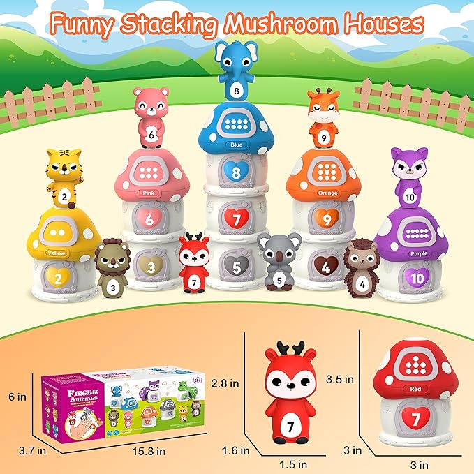 20PCS Farm Animal Toys Toddler Toys Age 1-2 2-4, Montessori Toys for 1 Year Old Finger Puppets Mushroom House Learning Stacking Toys 2