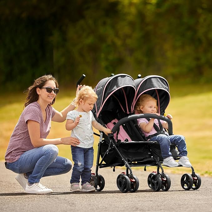 Dream On Me Volgo Twin Umbrella Stroller in Pink, Lightweight Double Stroller for Infant & Toddler, Compact Easy Fold, Large Storage Basket, Large and Adjustable Canopy