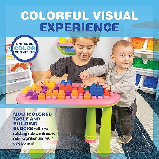 UNiPLAY Indoor/Outdoor Toddler Activity Table Set with 25 Piece Building Blocks, Kids Play Table for Building Blocks Toy