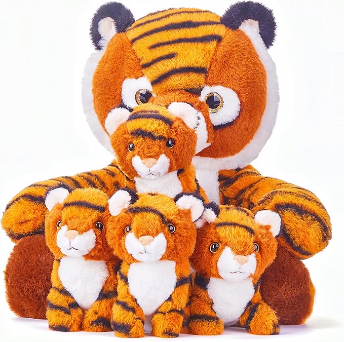 IKASA Mommy Tiger Stuffed Animal Mom and Baby Plush Toy,Cute 11” Soft Small Fluffy Mama Tiger Family Set Cuddly Huggable Toy with Little Mini Babies