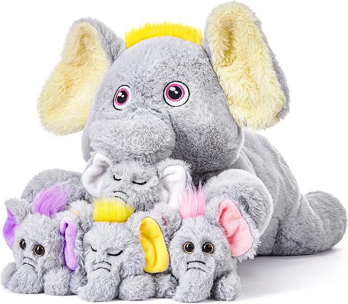 IKASA Mommy Elephant Stuffed Animal Mom and Baby Plush Toy,Cute 18" Soft Small Mama Family Set Toy with Little Mini Babies