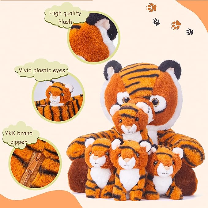 IKASA Mommy Tiger Stuffed Animal Mom and Baby Plush Toy,Cute 11” Soft Small Fluffy Mama Tiger Family Set Cuddly Huggable Toy with Little Mini Babies