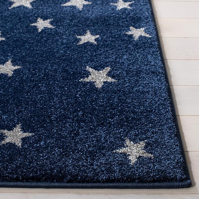 SAFAVIEH Carousel Kids Collection Area Rug - 5'3" Square, Navy & Grey, Non-Shedding & Easy Care, Ideal for High Traffic Areas for Boys & Girls in Playroom, Nursery, Bedroom (CRK135N)