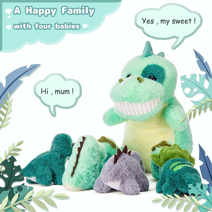 IKASA Mommy Dinosaur Stuffed Animal Mom and Baby Plush Toy,Cute 14" Soft Small Mama Family Set Toy with Little Mini Babies