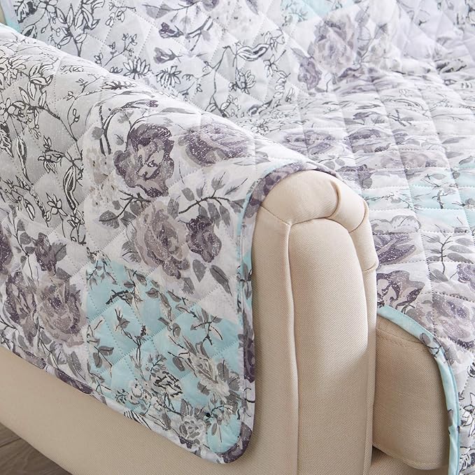 Reversible Floral Patchwork Furniture Protector Scalloped Edge Stain Resistant Printed Furniture Protector Maribel Collection (Sofa, Gray/Aqua)