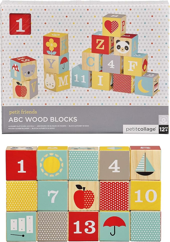 Petit Collage Eco-Friendly ABC Wooden Blocks, Set of 15 – Solid Wooden Blocks for Kids 12 Month and Older 1.75” Each,
