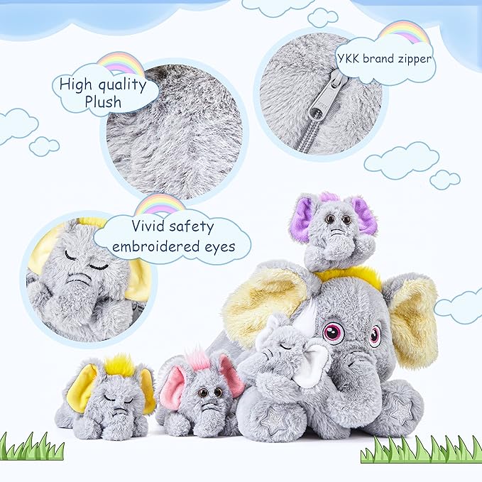 IKASA Mommy Elephant Stuffed Animal Mom and Baby Plush Toy,Cute 18" Soft Small Mama Family Set Toy with Little Mini Babies
