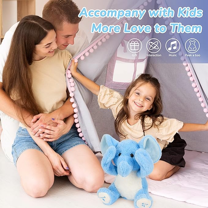 Hopearl Peek A Boo Elephant Interactive Repeats What You Say Plush Elephish Toy Musical Singing Talking Stuffed Animal Adorable Electric Animate Birthday Festival, Blue 11.5''