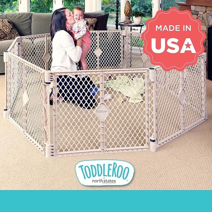 Toddleroo by North States Superyard 8 Panel Free Standing Play Yard, Indoor or Outdoor Baby Playpen, Baby Gate. Made in USA. 6.5 feet corner to corner play pen (26" Tall, Sand)