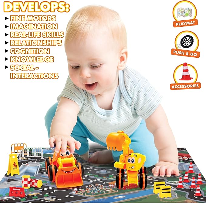 Toys for 3 Year Old Boy - 3 Friction Powered Trucks for 3+ Year Old Boys, Playmat & 16 Accessories