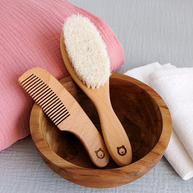 Wooden Hair Brush & Comb Set for Newborns & Toddlers - Ultra Soft Natural Goat Hair and Wood - Chic Gift Box (Oval Brush + Comb)